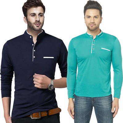 Tivy Solid Men Henley Neck Dark Blue, Light Green T-Shirt