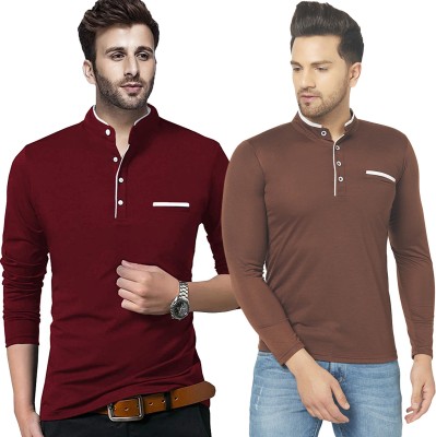 Adorbs Solid Men Henley Neck Maroon, Brown T-Shirt