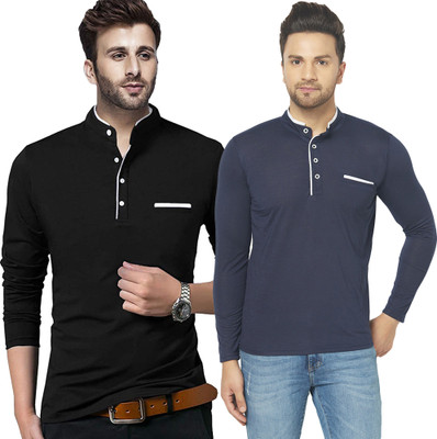 Adorbs Solid Men Henley Neck Dark Blue, Black T-Shirt