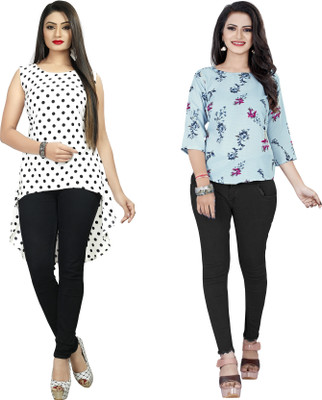 J 2 Fashion Casual Polka Print, Floral Print Women White, Light Blue Top