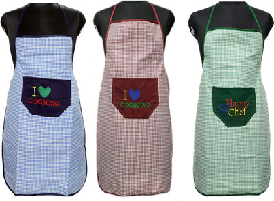 JMI Polyester Chef's Apron - Free Size(Blue, Maroon, Green, Pack of 3)