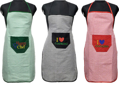 JMI Polyester Chef's Apron - Free Size(Green, Red, Black, Pack of 3)