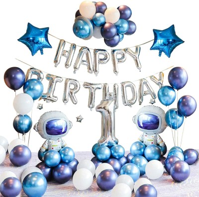 Party Propz Solid Space Theme 1st Happy Birthday Balloons for Decoration Combo with Foil Balloon, Latex Balloon & Chrome Balloon Balloon(Blue, White, Pack of 42)