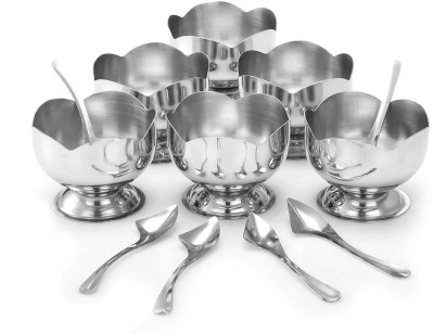 Rudra Enterprise Stainless Steel Dessert Bowl Flower Shape Ice Cream Cup Set with Spoon Bowl Spoon Serving Set /Stainless Steel Dessert Bowl Stainless Steel Dessert Bowl(Pack of 12, Silver)