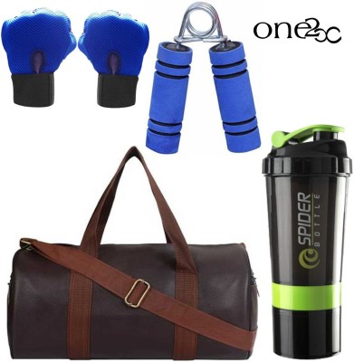 One28 Combo Of Leather(Brown) Gym Bag, Gloves (blue), Spider Shaker (Green) & Hand Gripper (Blue) Gym & Fitness Kit Fitness Accessory Kit Kit