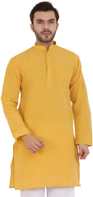 Latest Chikan Men Striped Straight Kurta(Yellow)