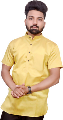 LIBSADRESSES Men Solid Straight Kurta(Yellow)
