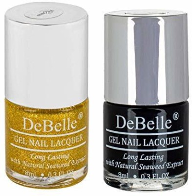 DeBelle Gel Nail Polish Combo Set of 2 Pegasus (Lime Yellow with Gold Glitter), Luxe Noir (Black)