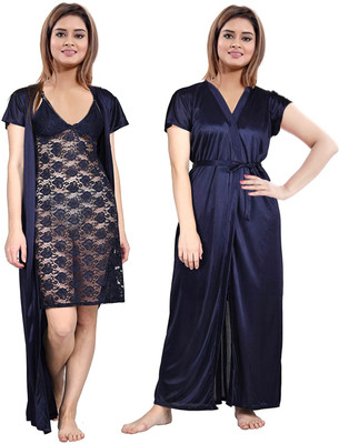 ANKONA Women Nighty with Robe(Dark Blue)