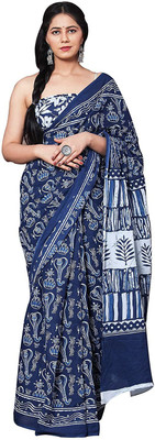 NIKHILAM Printed Bollywood Pure Cotton Saree(Blue)