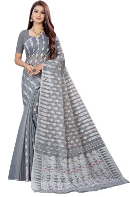 Ruhabs Self Design Jamdani Cotton Silk Saree(Grey)