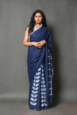 Pallo Latke Blocked Printed Daily Wear Pure Cotton Saree(Dark Blue)