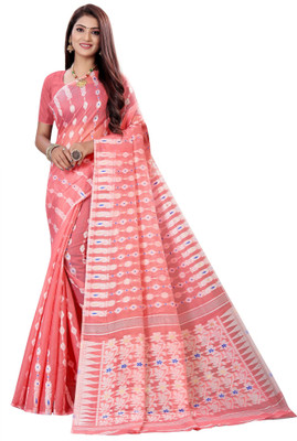 Ruhabs Self Design Jamdani Cotton Silk Saree(Pink)