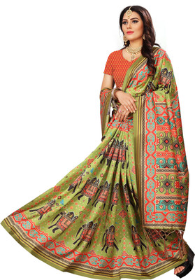 kaizen texo fab Self Design Patola Silk Blend Saree(Multicolor, Green)