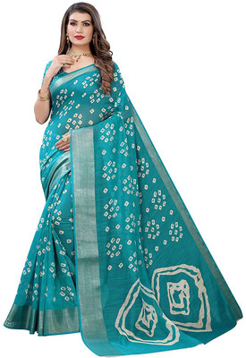 Saadhvi Printed Bandhani Cotton Silk Saree(Blue)