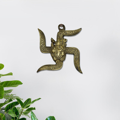 Dalvkot Swastik Ganesh / Ganapati Wall Hanging Brass Showpiece for Home Decoration and Entrance Door Decorative Showpiece  -  9 cm(Brass, Gold)