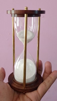 WAVE NAUTICAL 5 Minutes Brass and Wood Sand Timer Hourglass Sand Timer Brass Sand Timer Antique Sand Clock Hourglass 5 Minutes for Gift Home Decore Handmade Sandtimer Decorative Showpiece  -  7.4 cm(Brass, Glass, Wood, White)