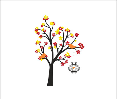 wildartcreation 86 cm Cage On A Colourful Tree Wall Sticker Self Adhesive Sticker(Pack of 1)