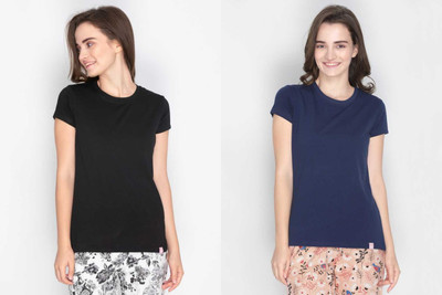 Lyra Solid Women Round Neck Dark Blue, Black T-Shirt