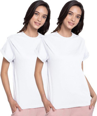 Organic Chics Solid Women Round Neck White T-Shirt