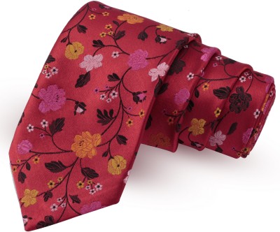 PELUCHE Peppy Red, Yellow & Pink Colored Microfiber Neck Floral Print Men Tie