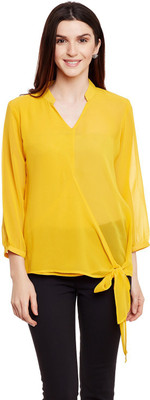 FORELEVY Casual 3/4 Sleeve Solid Women Yellow Top