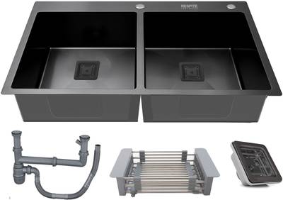 RESPITE 45"x20"x10"inch Double Bowl With Tap Hole Handmade Kitchen Sink Black HM-509 Vessel Sink