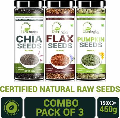 Bioherbs Certified Raw Combo Seeds Value Pack (FLax Seed,Chia Seed & Pumpkin Seed) Brown Flax Seeds, Chia Seeds, Pumpkin Seeds