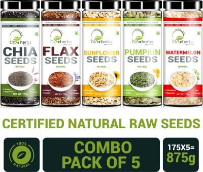 Bioherbs Certified Raw Combo Seeds Value Pack (FLax Seed,Chia Seed, Sunflower seed, Pumpkin Seed & Watermelon Seed) Brown Flax Seeds, Chia Seeds, Sunflower Seeds, Watermelon Seeds, Pumpkin Seeds(875 g, Pack of 5)