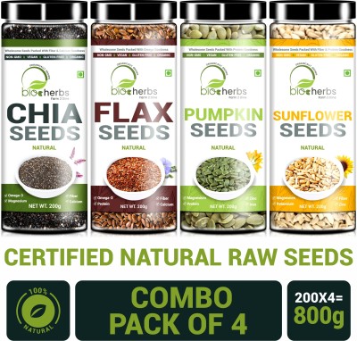 Bioherbs Certified Raw Combo Seeds Value Pack (FLax Seed,Chia Seed,Pumpkin Seed & Sunflower Seed) Brown Flax Seeds, Chia Seeds, Sunflower Seeds, Pumpkin Seeds(800 g, Pack of 4)