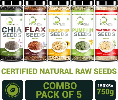 Bioherbs Certified Organic Raw Combo Seeds Value Pack (FLax Seed,Chia Seed, Sunflower seed, Pumpkin Seed & Watermelon Seed) Brown Flax Seeds, Chia Seeds, Sunflower Seeds, Pumpkin Seeds, Watermelon Seeds(750 g, Pack of 5)