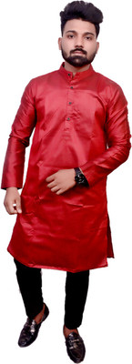 LIBSADRESSES Men Solid Straight Kurta(Red)