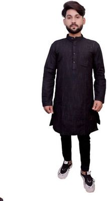 LIBSADRESSES Men Solid Straight Kurta(Black)