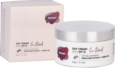 Radiant Cosmetics Day Cream with SPF 15, Face Cream with Grape seeds and Green Tea All Skin Type, Oily, Dry, Skin Moisturiser for Women Daily Use(50 g)