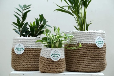 home decorz store Modern Jute Crochet Indoor Planter cum Basket, Set of 3, Small(6 inch), Medium(8 inch) & Large(10 inch). Plant Container Set(Pack of 3, Fabric)