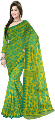 Pradip Fabrics Printed Jamdani Cotton Blend Saree(Yellow)