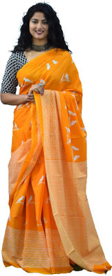 JAIPURI BLOCK PRINT Printed Ikkat Pure Cotton Saree(Yellow)