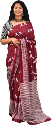 JAIPURI BLOCK PRINT Printed, Blocked Printed, Animal Print Ikkat Pure Cotton Saree(Maroon)