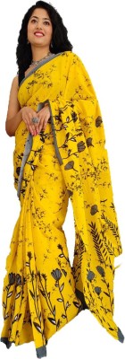 JAIPURI BLOCK PRINT Printed, Blocked Printed, Floral Print, Dyed Bollywood Pure Cotton Saree(Yellow)