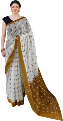 NIKHILAM Printed Jamdani Pure Cotton Saree(White, Mustard)