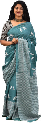 NIKHILAM Printed Daily Wear Pure Cotton Saree(Light Green)