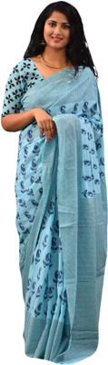 NIKHILAM Printed Ikkat Pure Cotton Saree(Light Blue)
