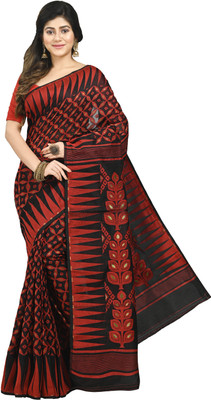 Mystory Woven Jamdani Cotton Blend Saree(Black)