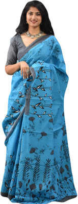 NIKHILAM Floral Print Daily Wear Pure Cotton Saree(Light Blue)