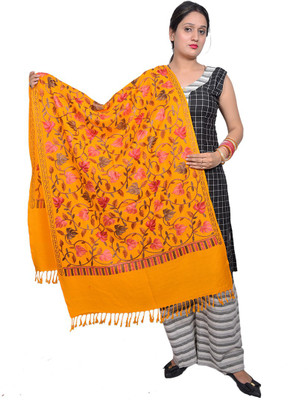 PASHTUSHS Acrylic Embroidered Women Shawl(Yellow)