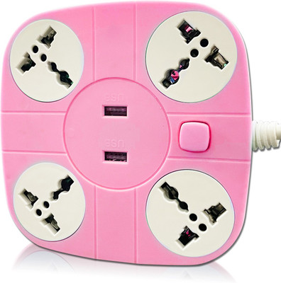 Pick Ur Needs 10A 4-Way Extension Cord / Board With 2 USB Socket 4  Socket Extension Boards(Pink, 2 m, With USB Port)
