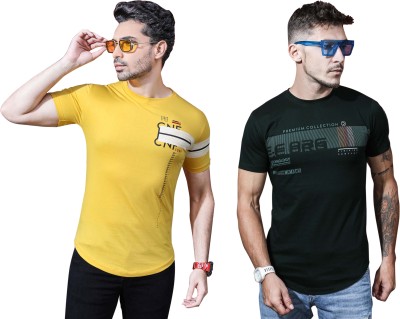 Kundan Printed Men Round Neck Dark Green, Yellow T-Shirt