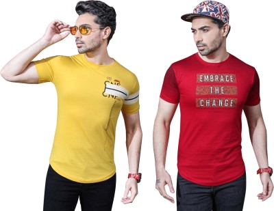 Kundan Printed Men Round Neck Red, Yellow T-Shirt