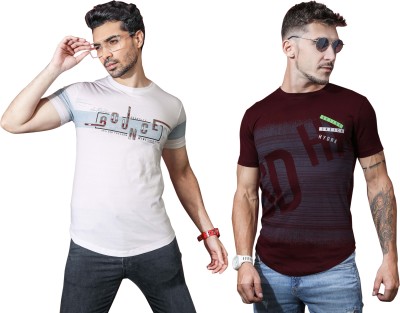 Kundan Printed Men Round Neck White, Maroon T-Shirt