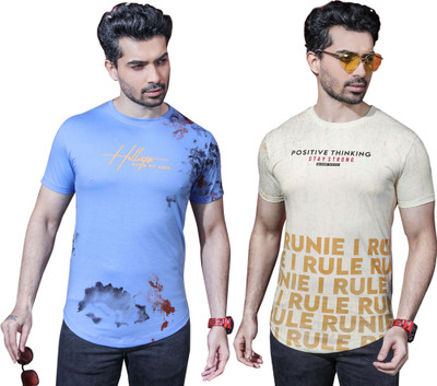 Kundan Printed Men Round Neck Light Blue, White T-Shirt
